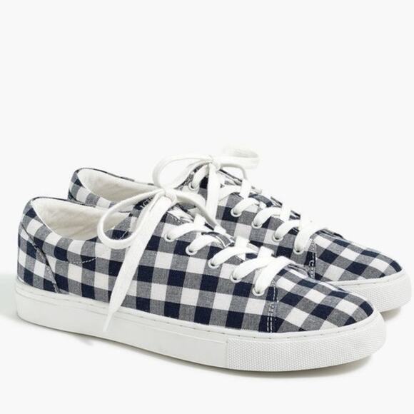 J. Crew | Printed Navy Blue Gingham Canvas Sneakers Size 7 - Picture 1 of 11